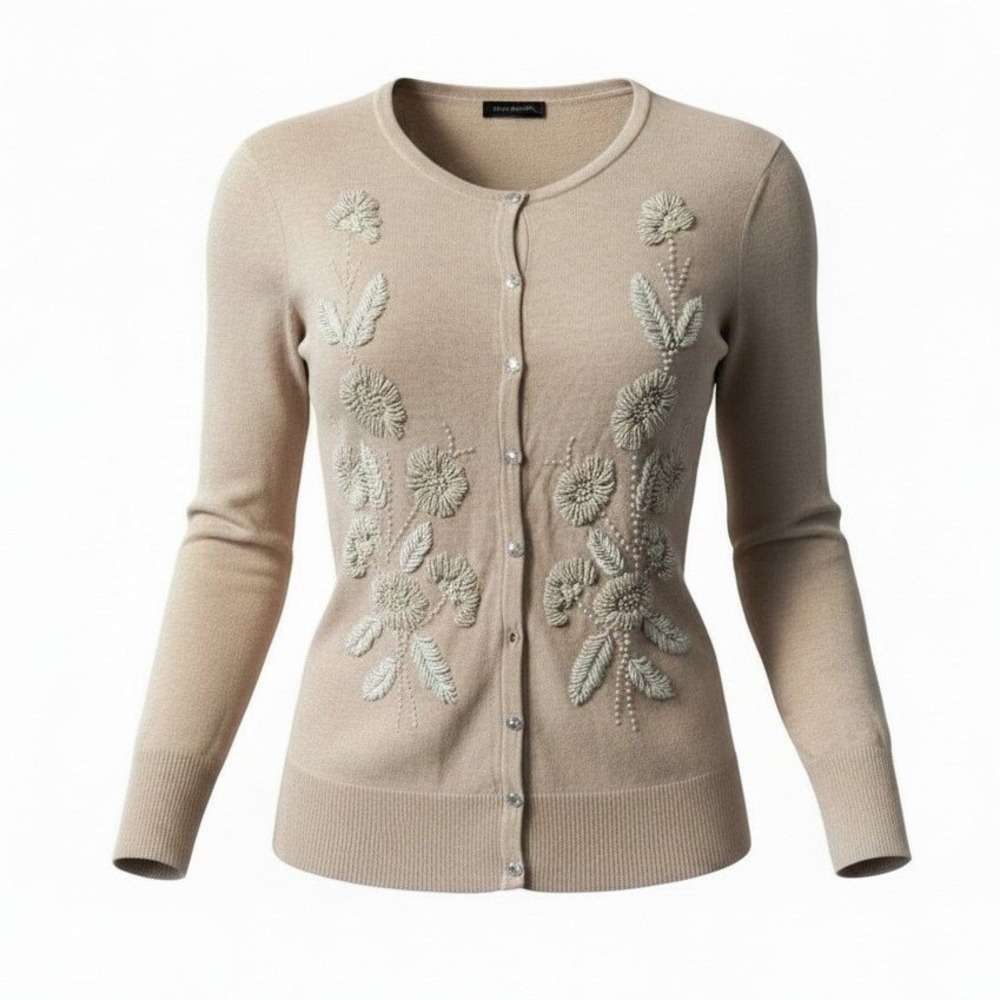 Only Mine Beige Beaded‎ Floral Cardigan Sweater Rhinestone Button Front Womens M